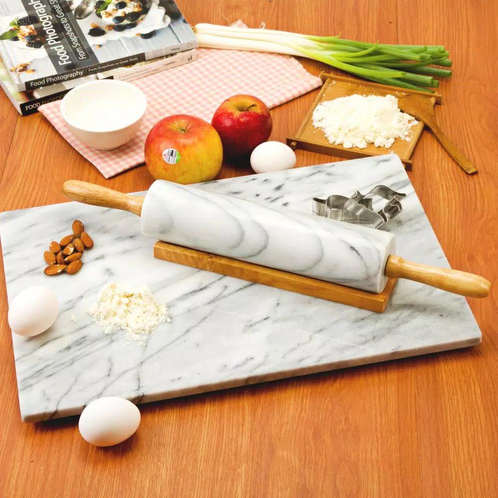 Creative Home Natural Marble Rolling Pin with Wooden Handles and Storage Cradle, 18 in.