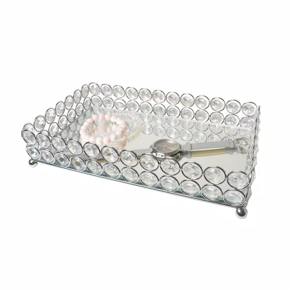 Elegant Designs 10.5 in. Chrome Ellipse Crystal Decorative Mirrored Jewelry and Makeup Vanity Organizer Tray