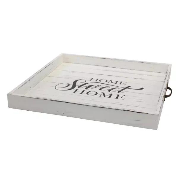 Stonebriar Collection Stonebriar Rustic White Wood Decorative Serving Tray with Metal Handles