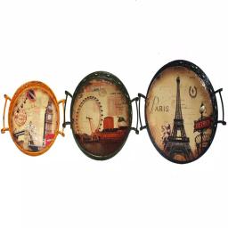 Benjara Brown Metal Oval Serving Tray Set of 3 with Handles - Modern Urban Print thumbnail 1