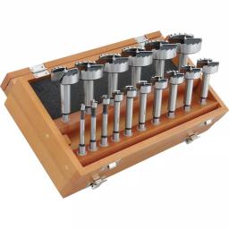 Shop Fox 16-Piece Forstner Bit Set, 1/4 in. to 2-1/8 in., High Carbon Steel with Hex Shank and Wooden Storage Case thumbnail 1