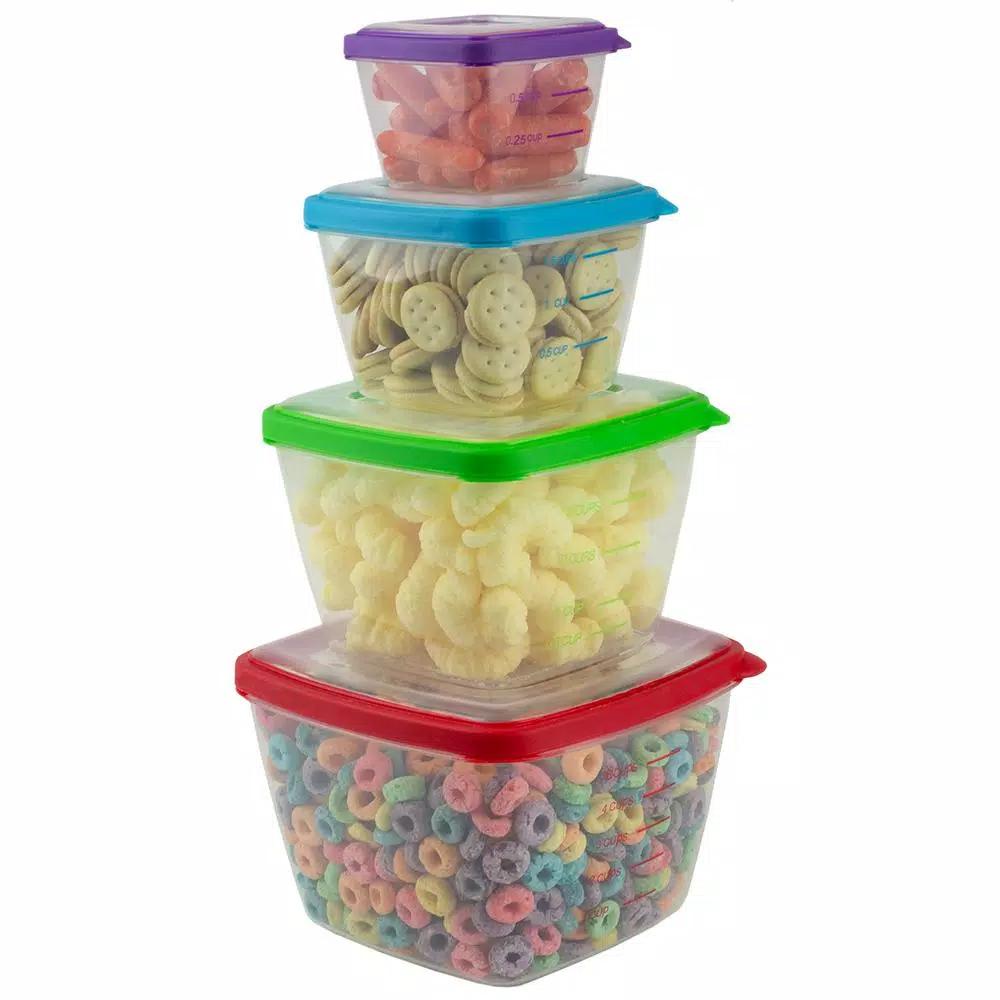 Home Basics 8-Piece Nesting Plastic Food Storage Container Set with Multi-Color Snap-On Lids