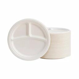 Unbranded 9 in. White Sugarcane Sectional Plates, 3-Compartment Biodegradable Disposable Plates (300 Pack) thumbnail 1
