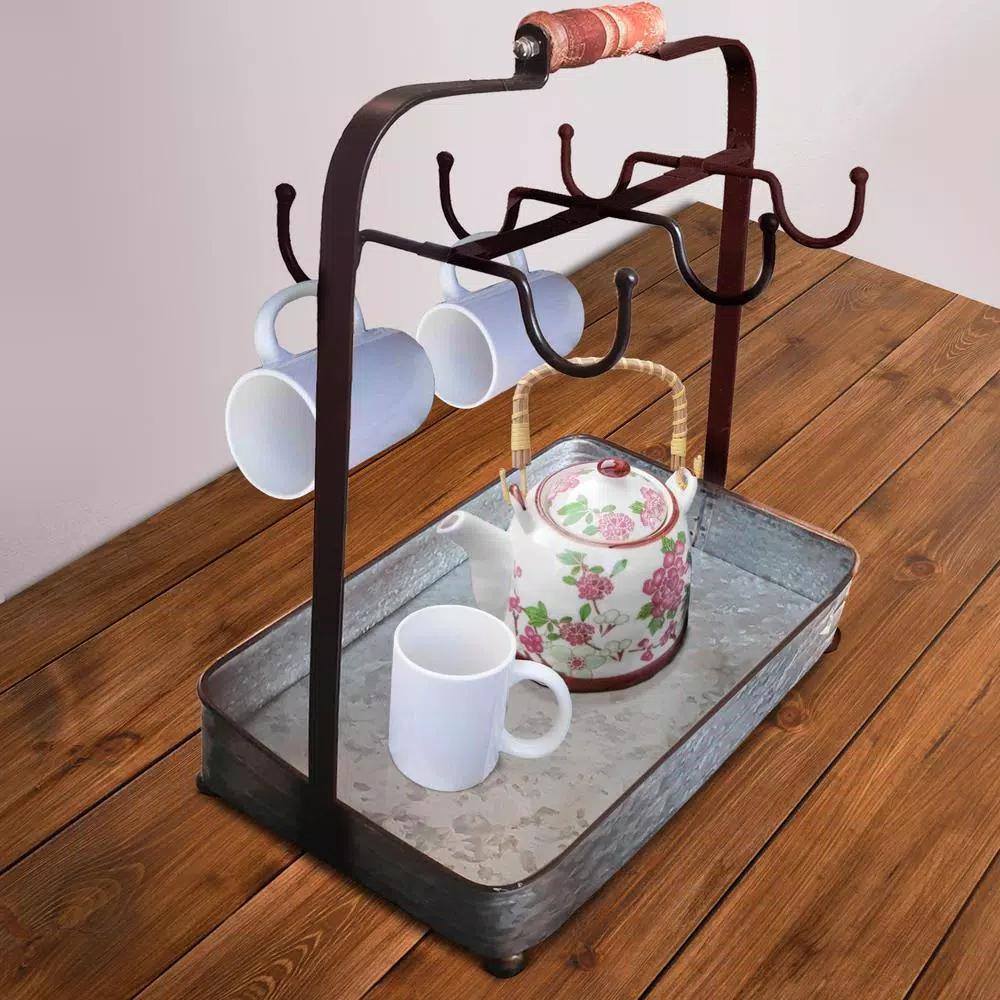 Benzara Rustic Galvanized Metal 6-Hook Crockery Holder with Wooden Handle