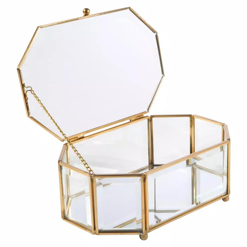 Home Details Vintage Gold Octagonal Glass Keepsake Box with Mirrored Bottom