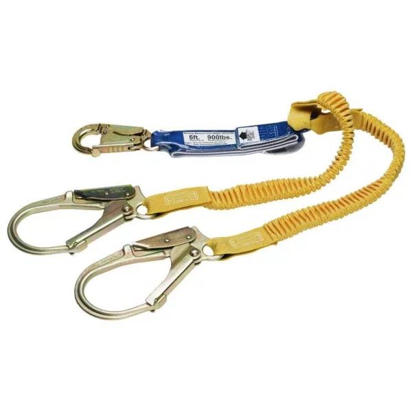 Werner DeCoil Stretch Twin Leg Lanyard with DCELL Shock Pack and Rebar Hooks, 6 ft.