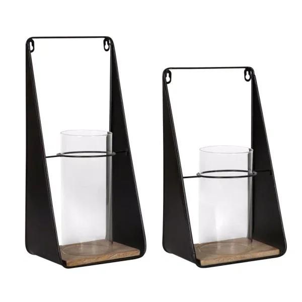 Kate and Laurel Blackwell Natural Wood and Black Metal Candle Sconce Set of 2