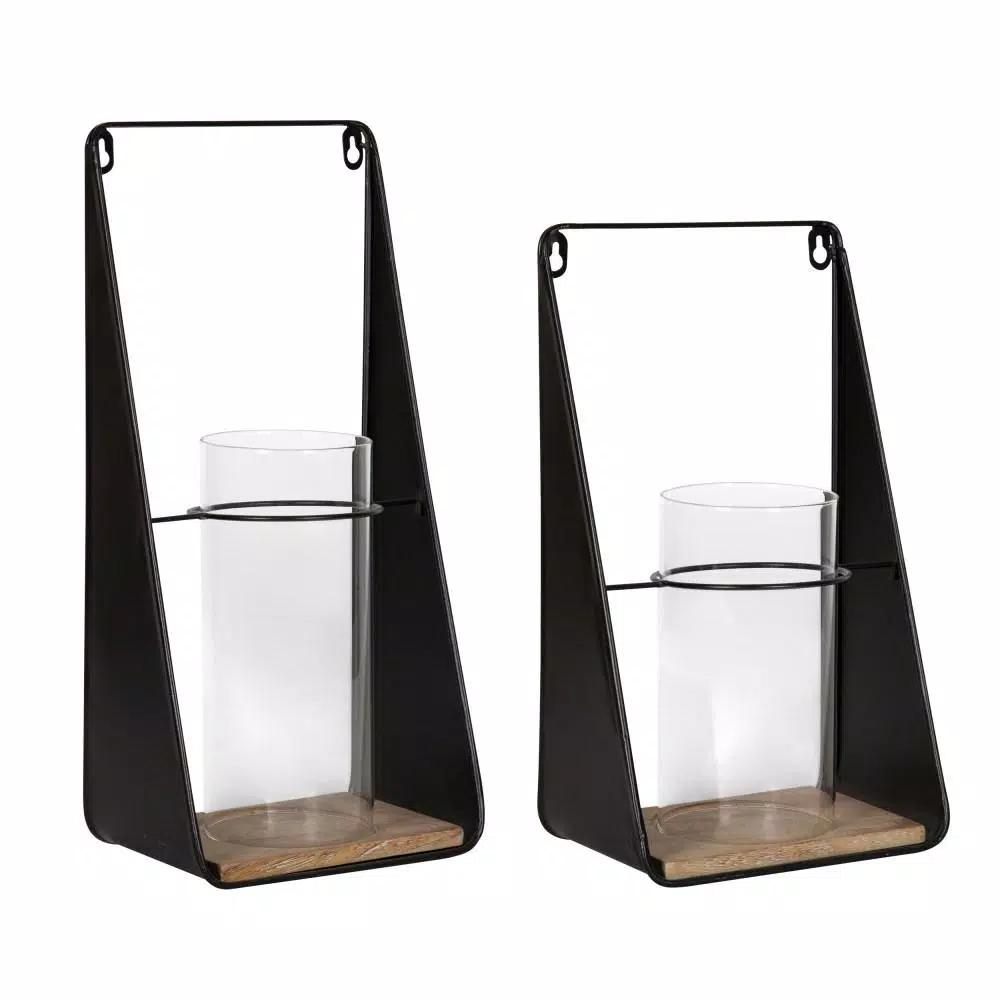 Kate and Laurel Blackwell Natural Wood and Black Metal Candle Sconce Set of 2