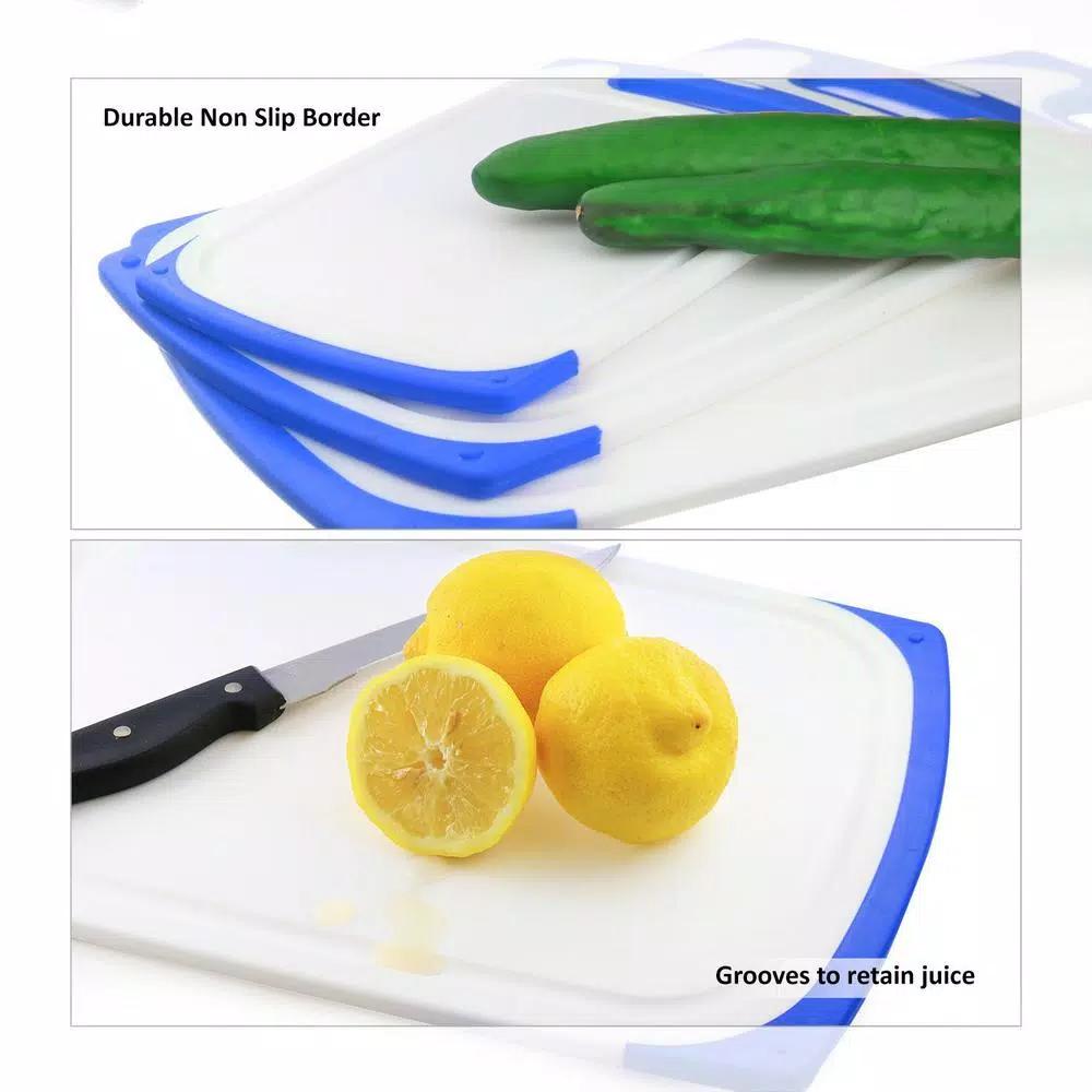 Belwares 3-Piece Plastic Cutting Board Set with Non-Slip Feet and Deep Drip Grooves, Blue