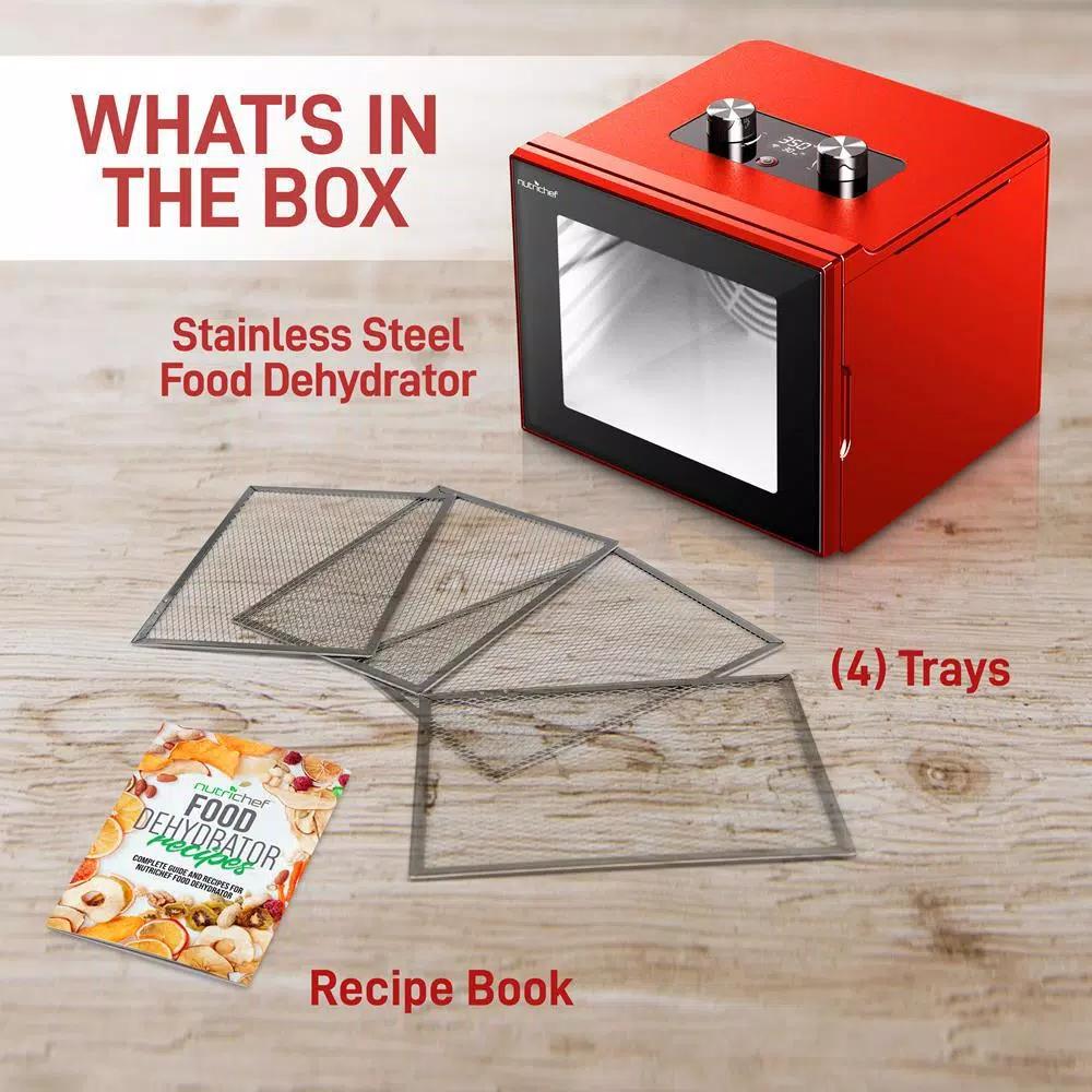 NutriChef 4-Tray Food Dehydrator Machine, 350W with Digital Timer and Temperature Control, Red