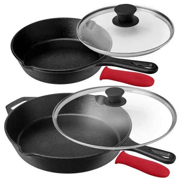 MegaChef 6-Piece Pre-Seasoned Cast Iron Skillet Set with Lids and Silicone Holders