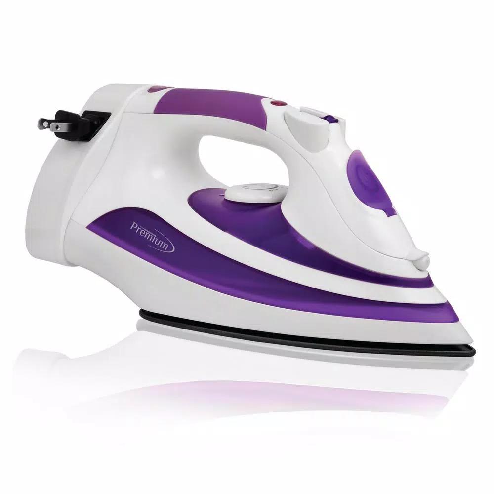 PREMIUM 1200W Steam and Dry Iron with Non-Stick Soleplate and Retractable Cord, White and Purple