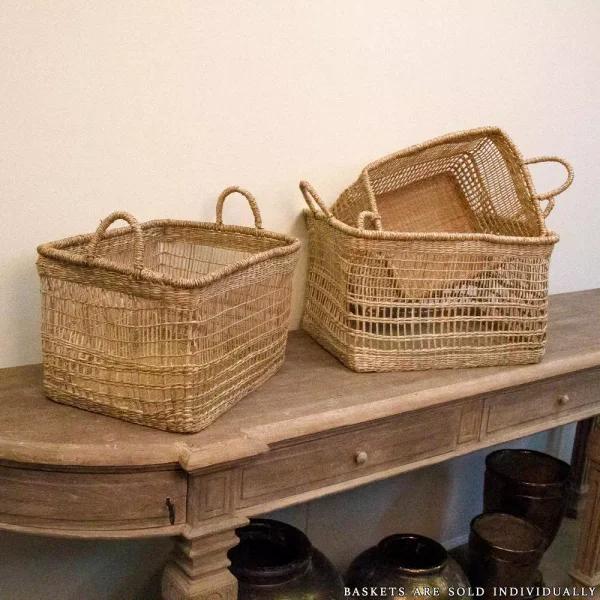 Zentique Handmade Rectangular Seagrass Woven Wicker Basket with Handles, Brown