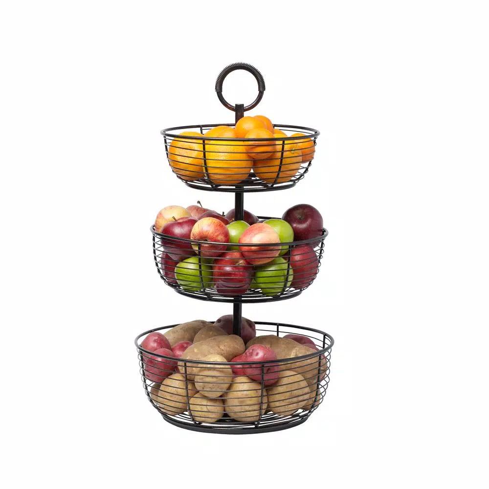 Gourmet Basics by Mikasa Mikasa Gourmet Basics 3-Tier Round Wrought Iron Fruit Basket, Black