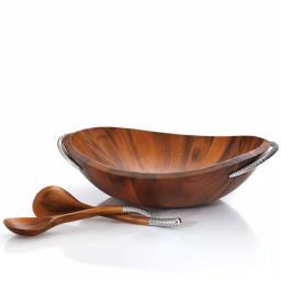 Nambe 20 in. Braid Acacia Wood Salad Bowl with Chrome Accented Servers, 32 oz. thumbnail 1