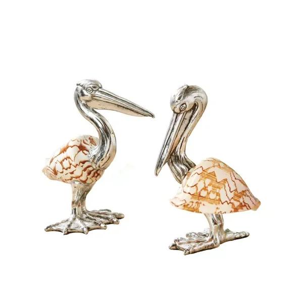 Two's Company Silver-Plated Resin Pelican Sculptures with Cymbiola Nobilis Shells - Set of 2