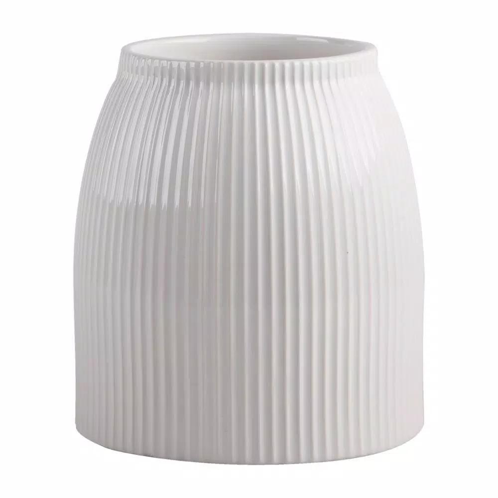 Home Essentials 7 in. Striped Embossed Ceramic Utensil Crock - White Stoneware Tool Holder