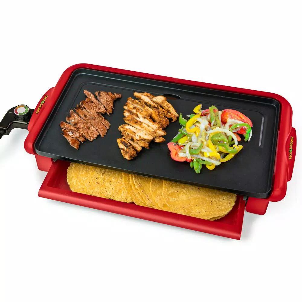 Taco Tuesday 200 sq. in. Red Fiesta Electric Griddle with Warming Drawer and Non-Stick Surface