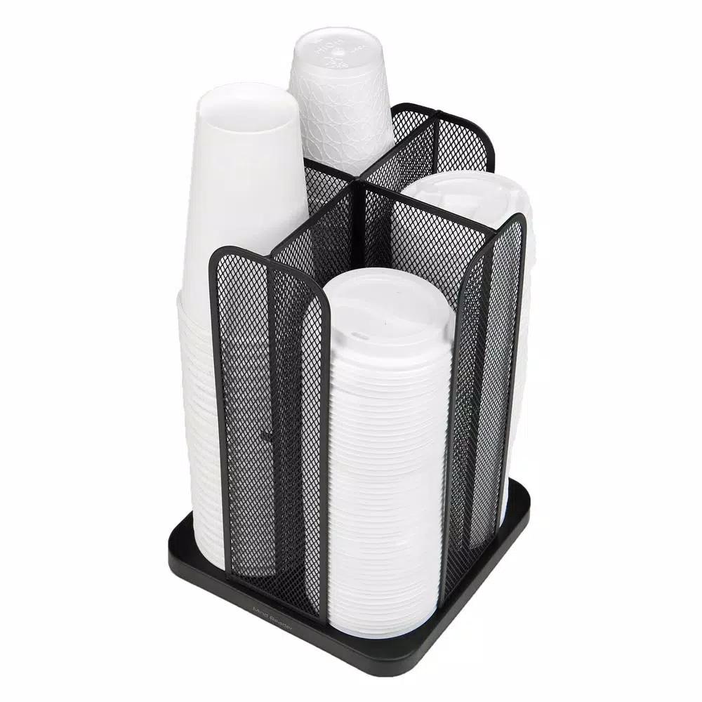 Mind Reader Rotating Cup and Lid Carousel Organizer, Black Metal Mesh Dispenser