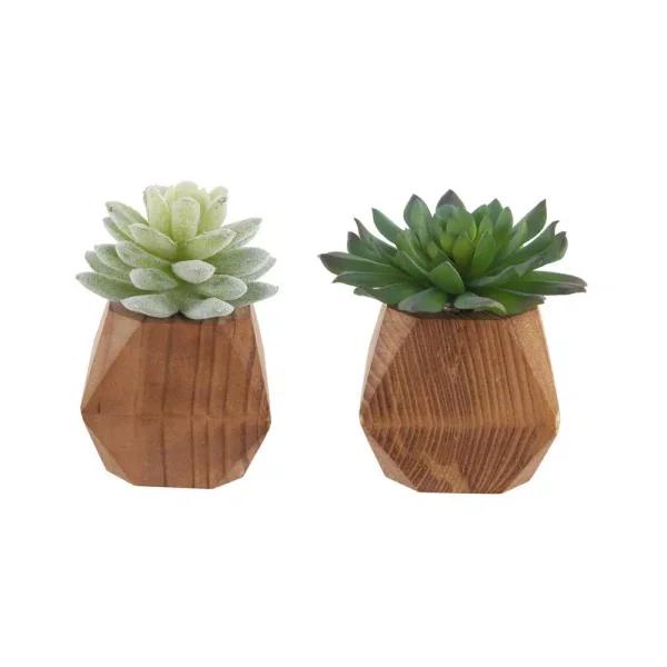 Flora Bunda Set of 2 Faux Succulents in Hand-Crafted Geometric Wood Planters, 4.5 in.