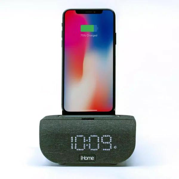 iHome TIMEBASE iBTW20B Bluetooth Alarm Clock with Wireless Qi Charging and USB Port