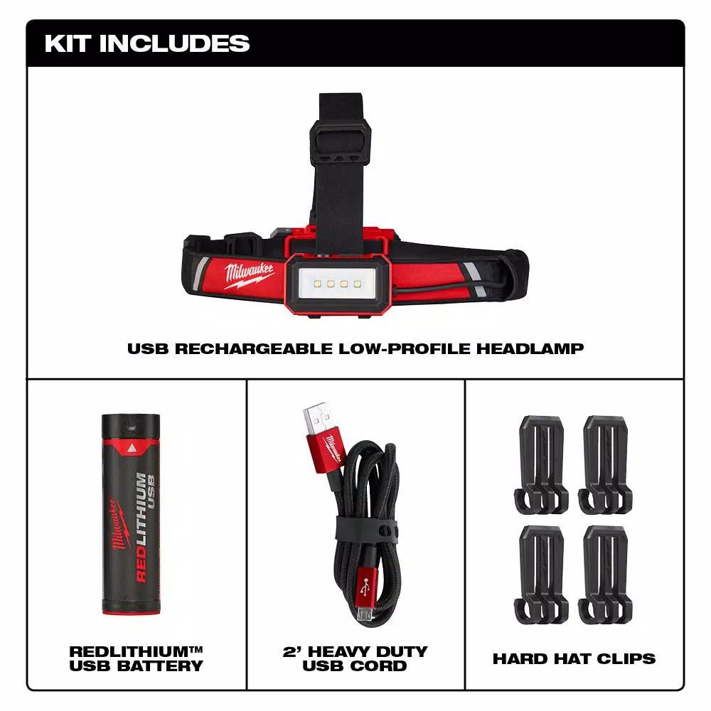Milwaukee 600 Lumen USB Rechargeable Low-Profile Headlamp with BOLT Type 1 Class C Vented Hard Hat Bundle