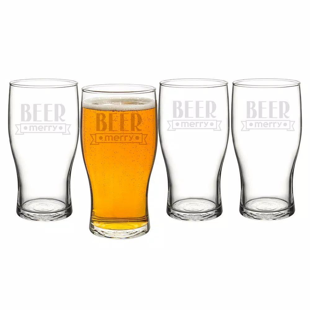 Cathy's Concepts Beer Merry Etched Glass Christmas Pilsner Glasses, 19 oz Set of 4