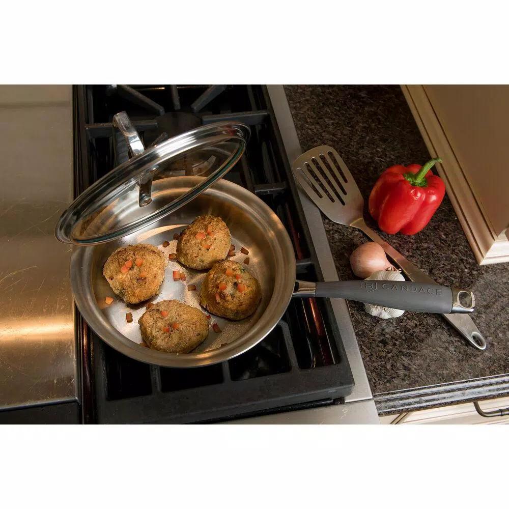 CookCraft by Candace 1.25 qt. Tri-Ply Stainless Steel Saute Pan with Patented Latch Glass Lid