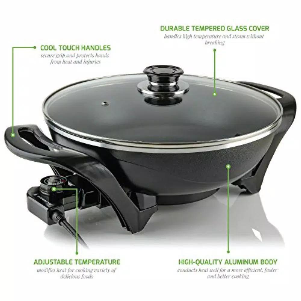 Ovente 13-Inch Non-Stick Electric Skillet with Tempered Glass Lid and Adjustable Temperature Control, Black