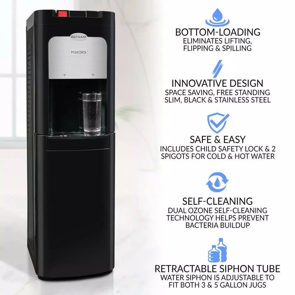 Igloo Bottom Loading Water Dispenser with Ozone Self-Cleaning, Hot & Cold, Black/Stainless Steel