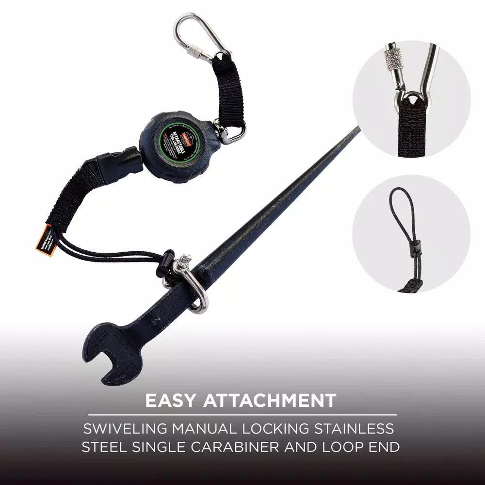 Ergodyne Squids 3001 Standard Black Retractable Tool Lanyard with Single Carabiner and Loop End (2 lb Capacity)