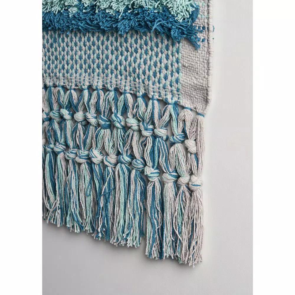LR Home Coast Gray & Teal Fringed Tufted Cotton Wall Tapestry - Bohemian Coastal Wall Hanging