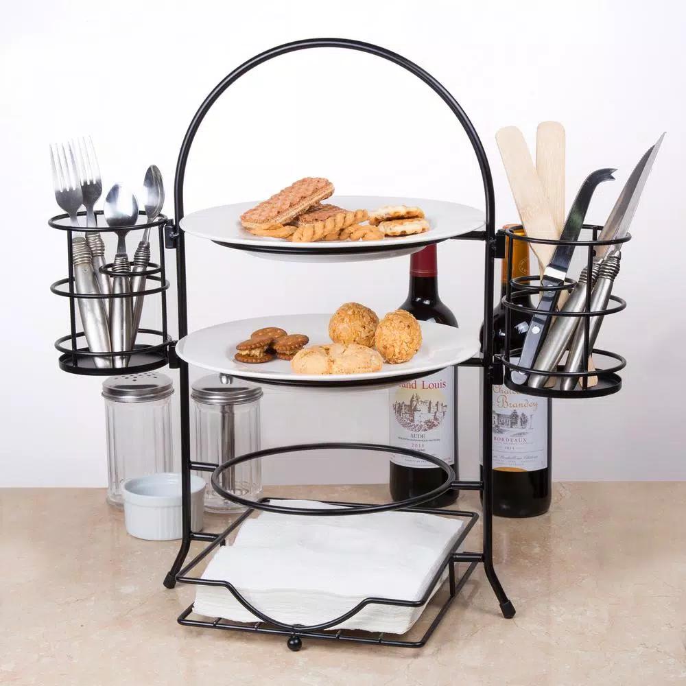 Creative Home 3-Tier Black Iron Buffet Caddy Serving Rack with Napkin and Flatware Holders