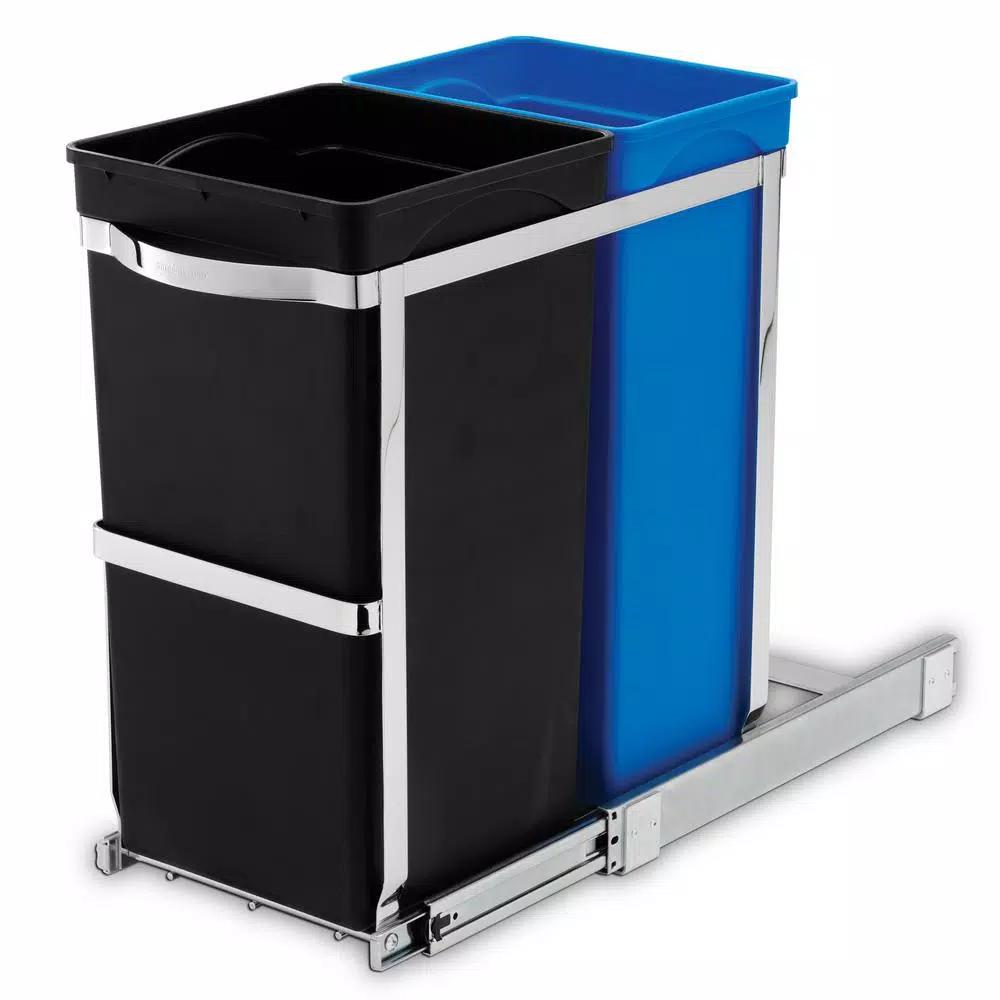 simplehuman 35-Liter Commercial-Grade Under-Counter Pull-Out Dual Recycling Trash Can, Stainless Steel