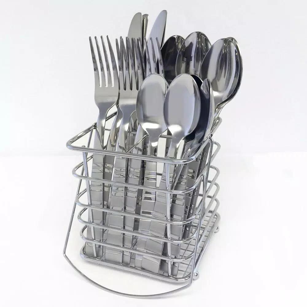 Cambridge Silversmiths Dallas Frost 16-Piece Flatware Set with Chrome Caddy, Service for 4