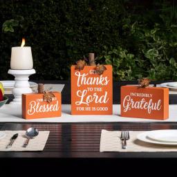 Glitzhome 8.85 in. Fall Wooden Pumpkin Table Decor Set, 3-Pack with Harvest Blessing Words thumbnail 9