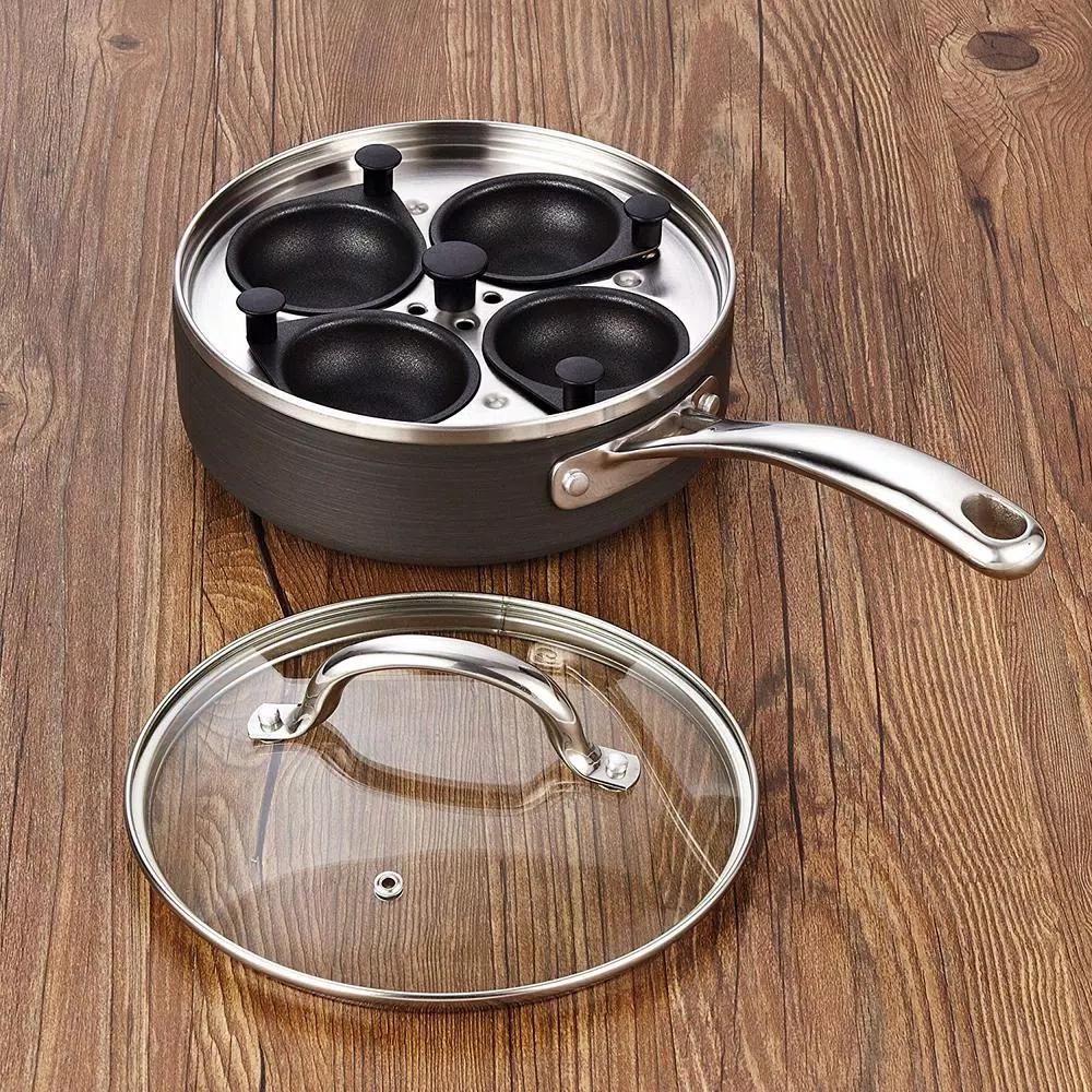 Cooks Standard 8 in. Hard Anodized Nonstick 4-Cup Egg Poacher Pan with Tempered Glass Lid