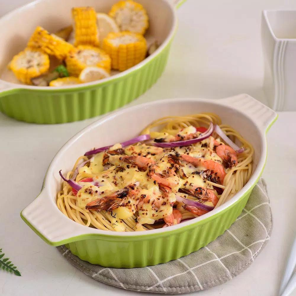 MALACASA 2-Piece Oval Green Porcelain Bakeware Set, 12.75 in. and 14.5 in. Ceramic Baking Pans