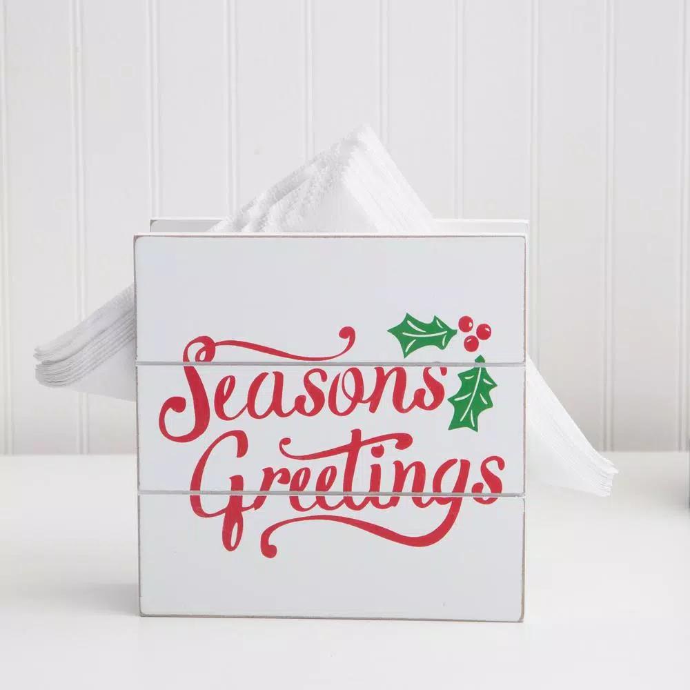 Home Essentials 6 in. Seasons Greetings White Wooden Napkin Holder