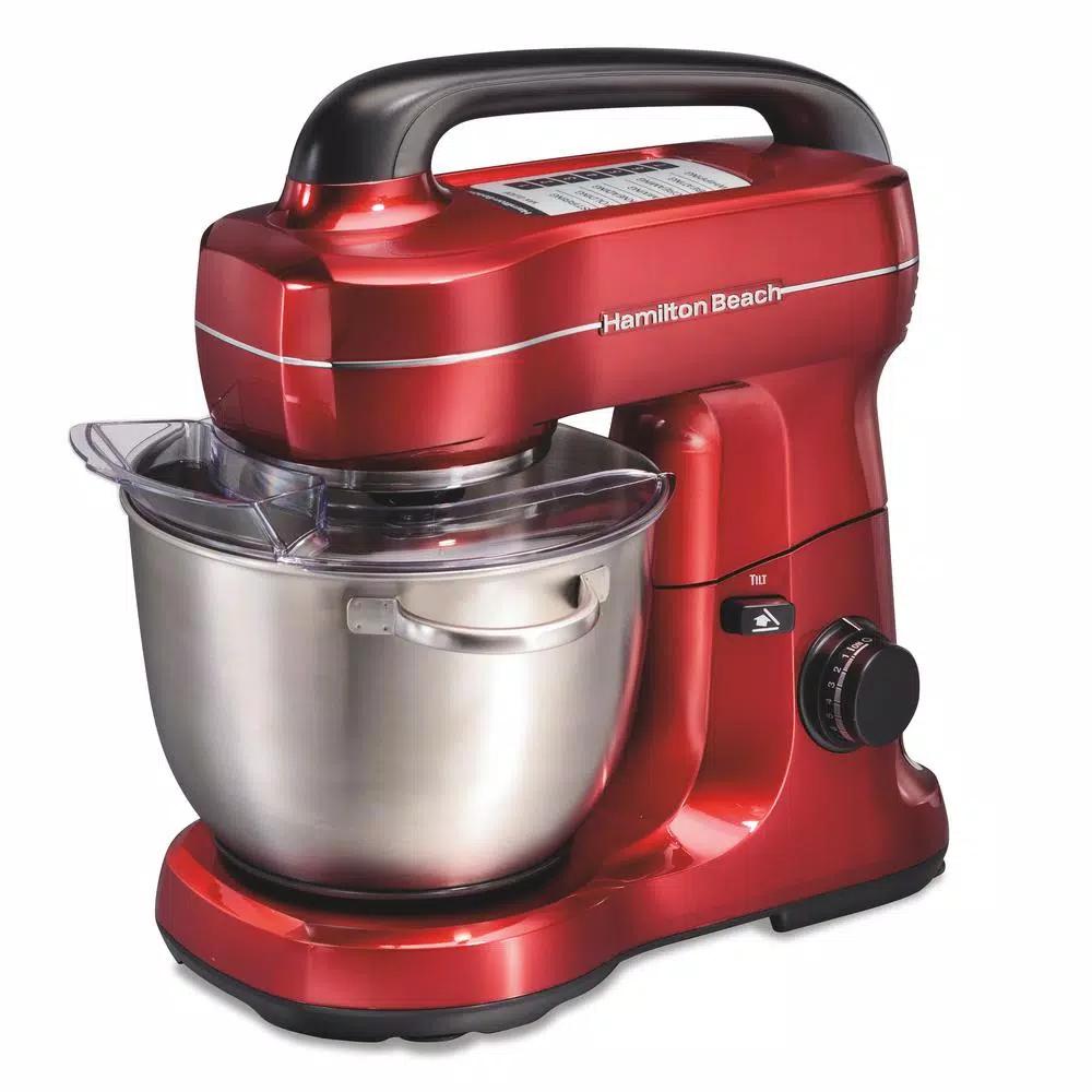 Hamilton Beach 4 Qt. 7-Speed Tilt Head Stand Mixer with Stainless Steel Bowl, Red
