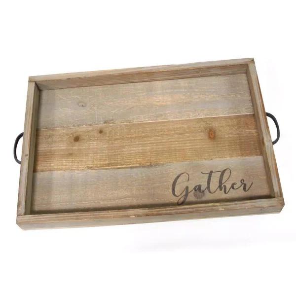 Stratton Home Decor "Gather" Wood Tray - Distressed Farmhouse Style with Metal Handles
