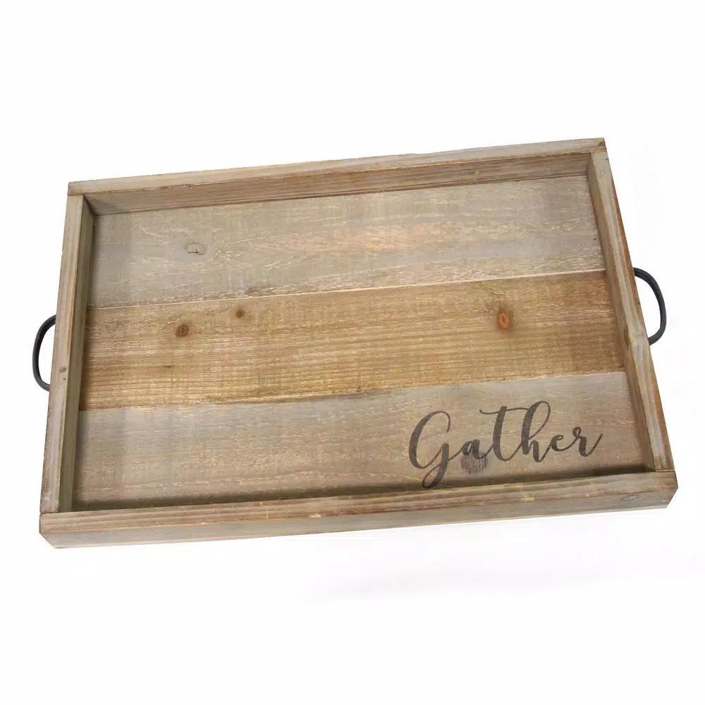 Stratton Home Decor "Gather" Wood Tray - Distressed Farmhouse Style with Metal Handles