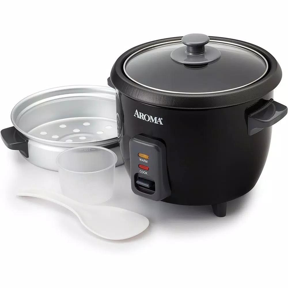 Aroma 6-Cup Rice Cooker and Food Steamer with Removable Steam Tray, Black
