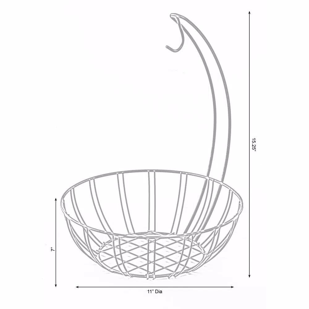Basicwise Wire Metal Fruit Basket Holder with Integrated Banana Hanger - Black