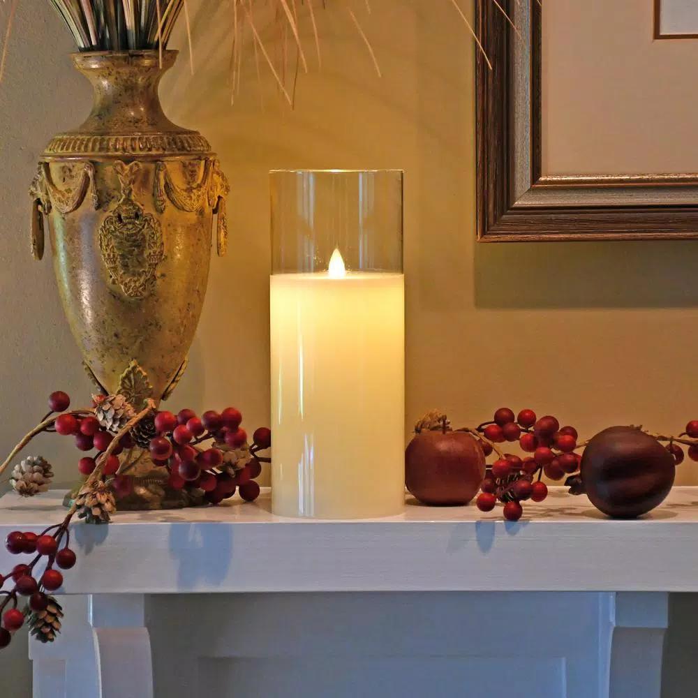 LUMABASE 10 in. Glass Hurricane LED Flameless Candle with Moving Flame, Battery Operated