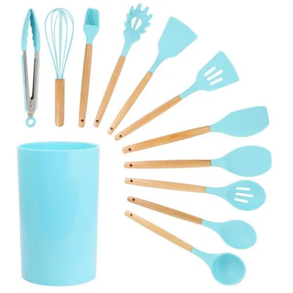 MegaChef 12-Piece Light Teal Silicone and Wood Kitchen Utensil Set