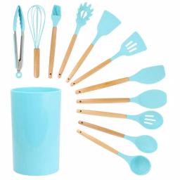 MegaChef 12-Piece Light Teal Silicone and Wood Kitchen Utensil Set thumbnail 1