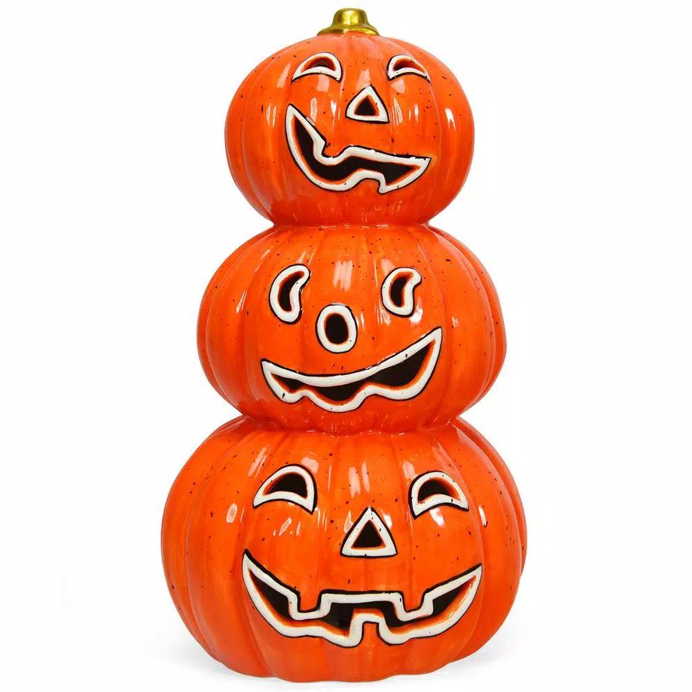 Costway 11 in. Orange Ceramic LED Halloween Pumpkin Lantern, Battery Powered Tabletop Decor