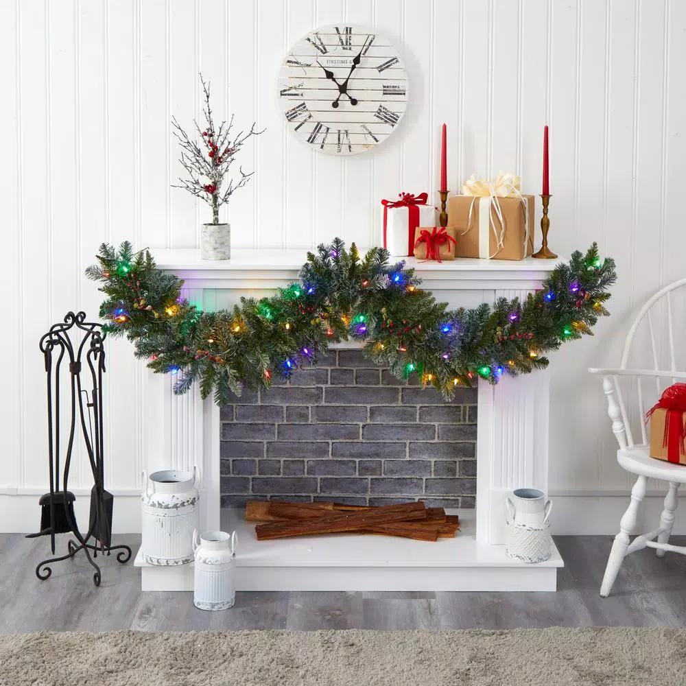 Nearly Natural 6 ft. Pre-Lit Flocked Artificial Christmas Pine Garland with 50 Multi-Colored LED Lights and Berries
