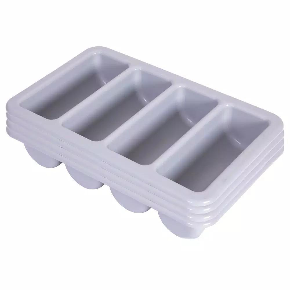 Basicwise Grey 4-Compartment Commercial Cutlery Holder Drawer Organizer, Set of 4